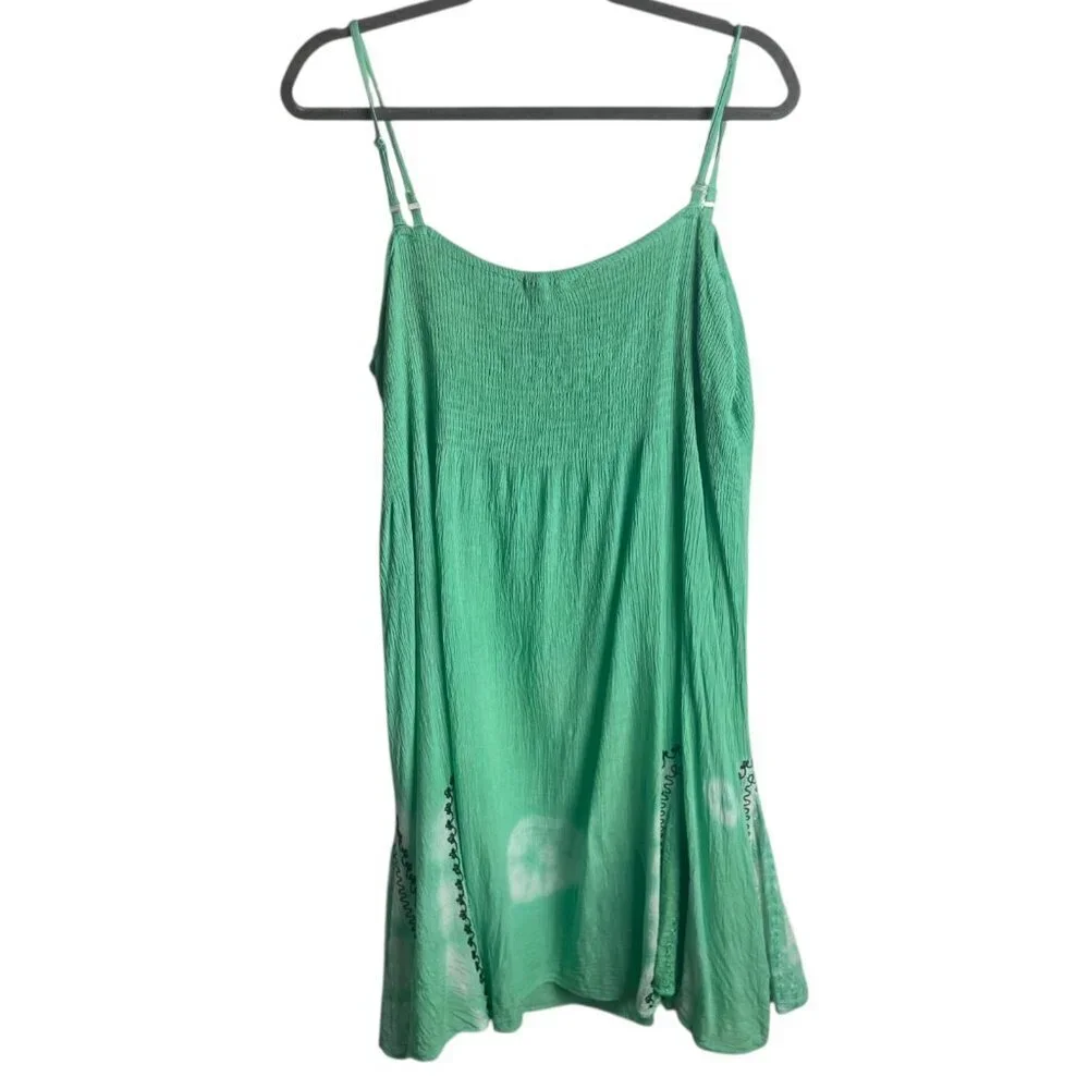 Earthbound Size Large Smocked Dress Green Gauze Embroidered Hippie Boho Tie Dye - Picture 2 of 5